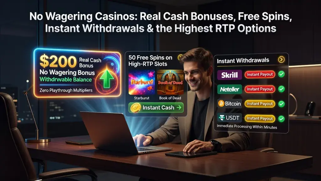 No Wagering Casinos: Real Cash Bonuses, Free Spins, Instant Withdrawals & the Highest RTP Options